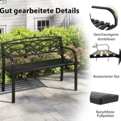 Gartenbank Metall wetterfeste Sitzbank für 2 Personen Balkonbank mit Rückenlehne & Armlehne 116 x 49 x 83 cm Schwarz