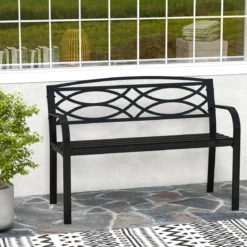 Gartenbank Metall wetterfeste Sitzbank für 2 Personen Balkonbank mit Rückenlehne & Armlehne 116 x 49 x 83 cm Schwarz