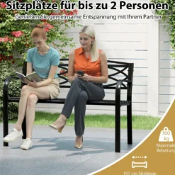 Gartenbank Metall wetterfeste Sitzbank für 2 Personen Balkonbank mit Rückenlehne & Armlehne 116 x 49 x 83 cm Schwarz