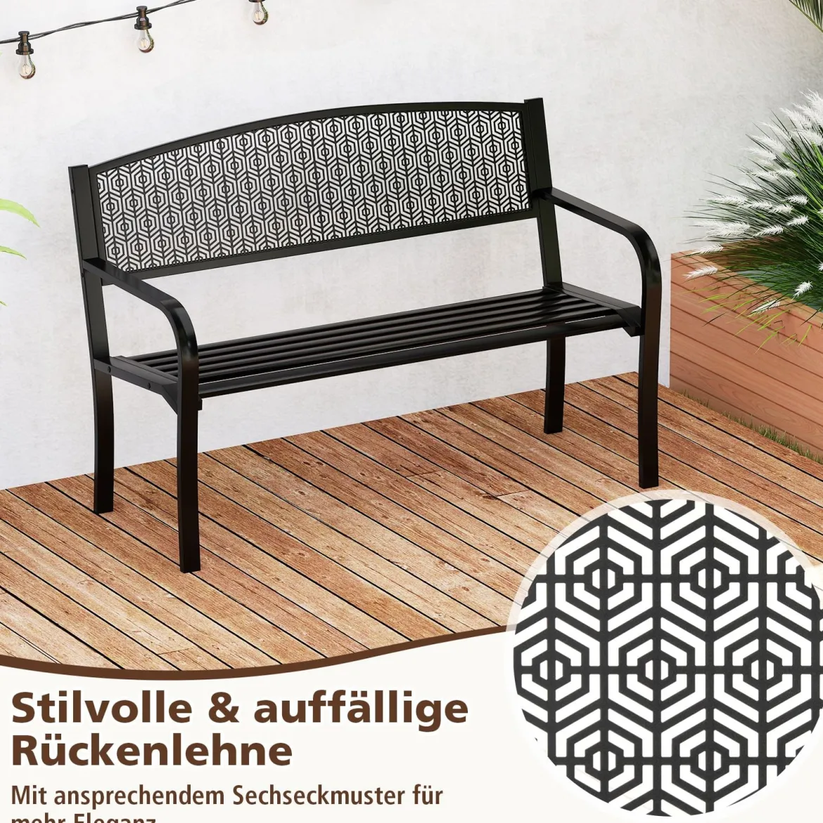 Gartenbank Metall Wetterfeste Sitzbank für 2 Personen Balkonbank mit Armlehne 128 x 60 x 86 cm