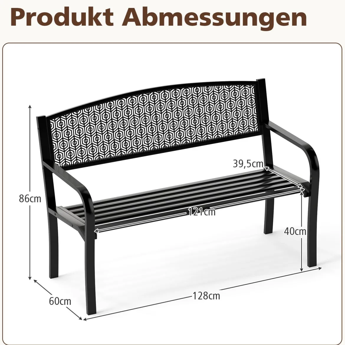Gartenbank Metall Wetterfeste Sitzbank für 2 Personen Balkonbank mit Armlehne 128 x 60 x 86 cm