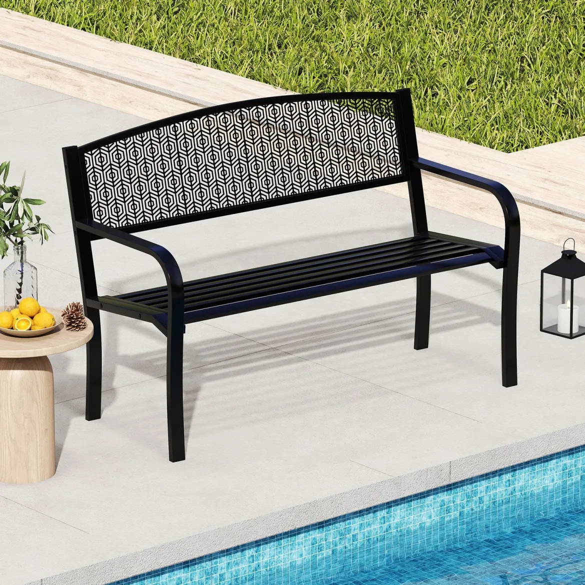 Gartenbank Metall Wetterfeste Sitzbank für 2 Personen Balkonbank mit Armlehne 128 x 60 x 86 cm