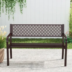 Gartenbank Metall wetterfeste Sitzbank für 2 Personen Balkonbank mit Rückenlehne & Armlehne 127 x 59 x 82 cm Braun