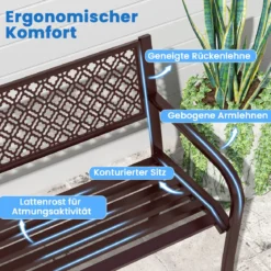Gartenbank Metall wetterfeste Sitzbank für 2 Personen Balkonbank mit Rückenlehne & Armlehne 127 x 59 x 82 cm Braun