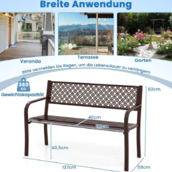 Gartenbank Metall wetterfeste Sitzbank für 2 Personen Balkonbank mit Rückenlehne & Armlehne 127 x 59 x 82 cm Braun