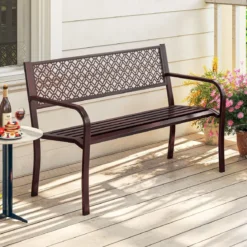 Gartenbank Metall wetterfeste Sitzbank für 2 Personen Balkonbank mit Rückenlehne & Armlehne 127 x 59 x 82 cm Braun