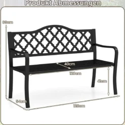 Gartenbank Metall wetterfeste Sitzbank für 2 Sitzer Parkbank mit Rückenlehne & Armlehne 128 x 54 x 89 cm Schwarz