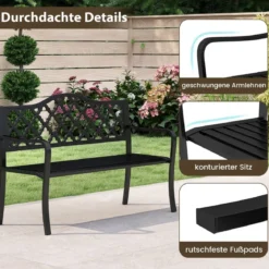 Gartenbank Metall wetterfeste Sitzbank für 2 Sitzer Parkbank mit Rückenlehne & Armlehne 128 x 54 x 89 cm Schwarz