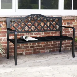 Gartenbank Metall wetterfeste Sitzbank für 2 Sitzer Parkbank mit Rückenlehne & Armlehne 128 x 54 x 89 cm Schwarz