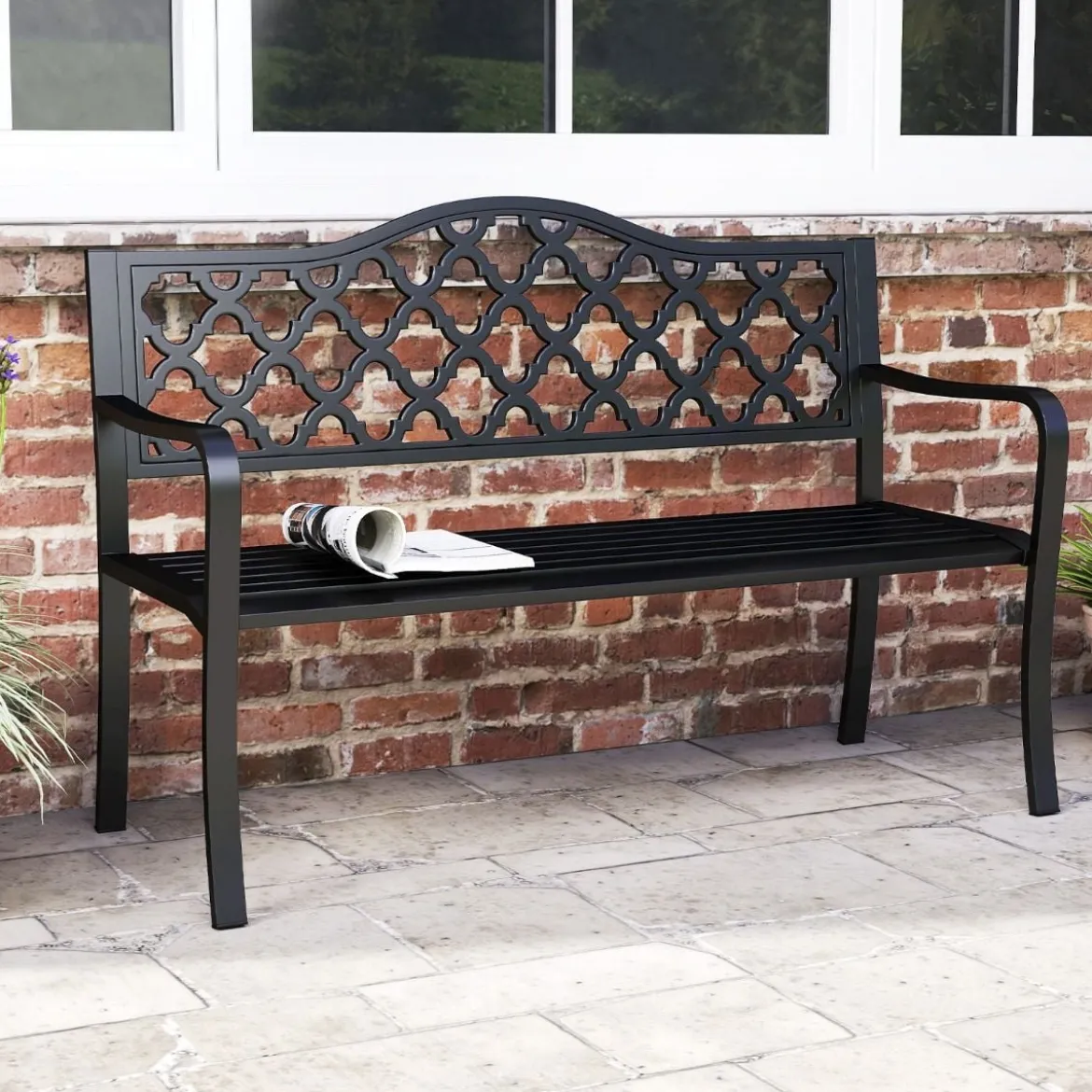 Gartenbank Metall wetterfeste Sitzbank für 2 Sitzer Parkbank mit Rückenlehne & Armlehne 128 x 54 x 89 cm Schwarz