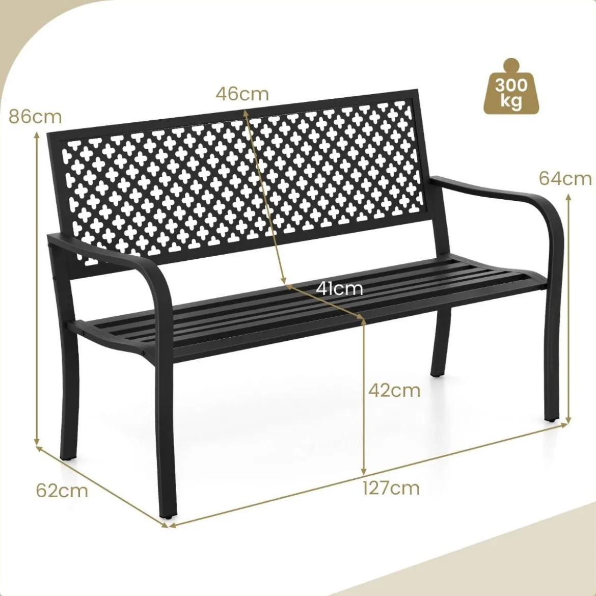 Gartenbank Metall wetterfeste Sitzbank für 2-3 Sitzer Parkbank mit Rückenlehne & Armlehne 127 x 62 x 86 cm Schwarz