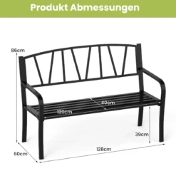 Gartenbank Metall wetterfeste Sitzbank für 2 Sitzer Parkbank mit Rückenlehne & Armlehne 128 x 60 x 86 cm Schwarz