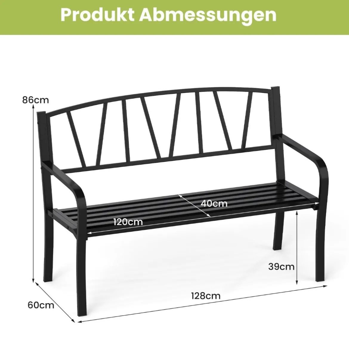 Gartenbank Metall wetterfeste Sitzbank für 2 Sitzer Parkbank mit Rückenlehne & Armlehne 128 x 60 x 86 cm Schwarz