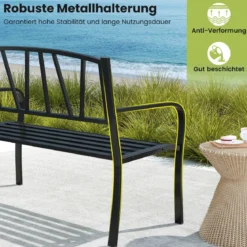 Gartenbank Metall wetterfeste Sitzbank für 2 Sitzer Parkbank mit Rückenlehne & Armlehne 128 x 60 x 86 cm Schwarz