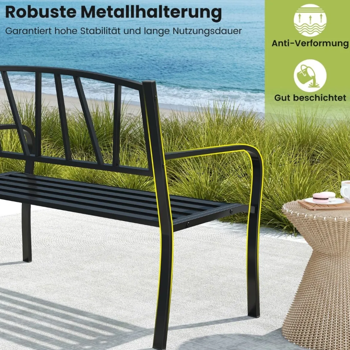 Gartenbank Metall wetterfeste Sitzbank für 2 Sitzer Parkbank mit Rückenlehne & Armlehne 128 x 60 x 86 cm Schwarz