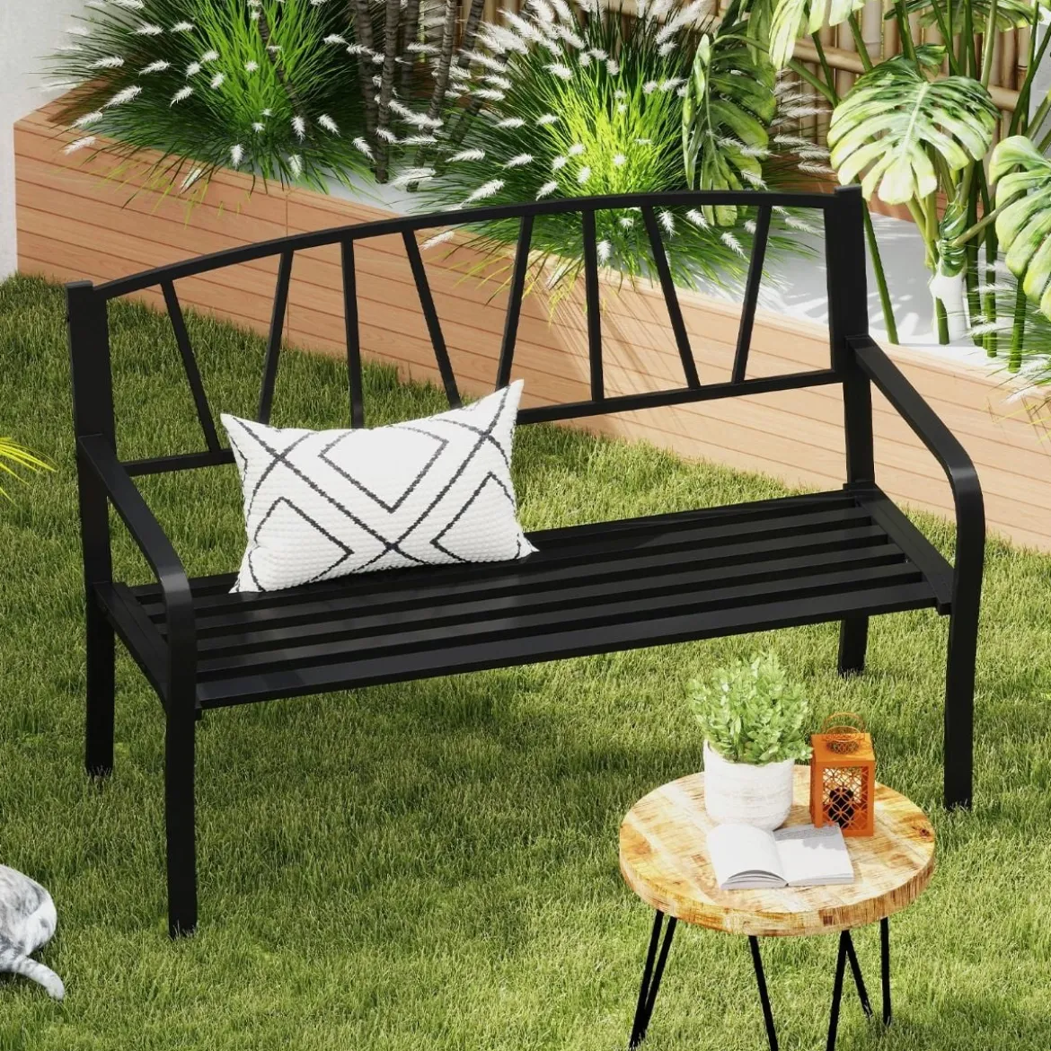 Gartenbank Metall wetterfeste Sitzbank für 2 Sitzer Parkbank mit Rückenlehne & Armlehne 128 x 60 x 86 cm Schwarz