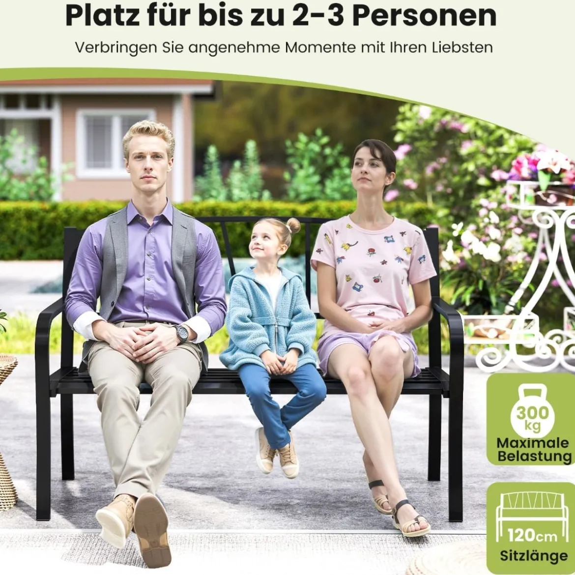 Gartenbank Metall wetterfeste Sitzbank für 2 Sitzer Parkbank mit Rückenlehne & Armlehne 128 x 60 x 86 cm Schwarz
