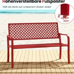 Gartenbank Metall wetterfeste Sitzbank für 2-3 Sitzer Parkbank mit Rückenlehne & Armlehne 127 x 62 x 86 cm Rot