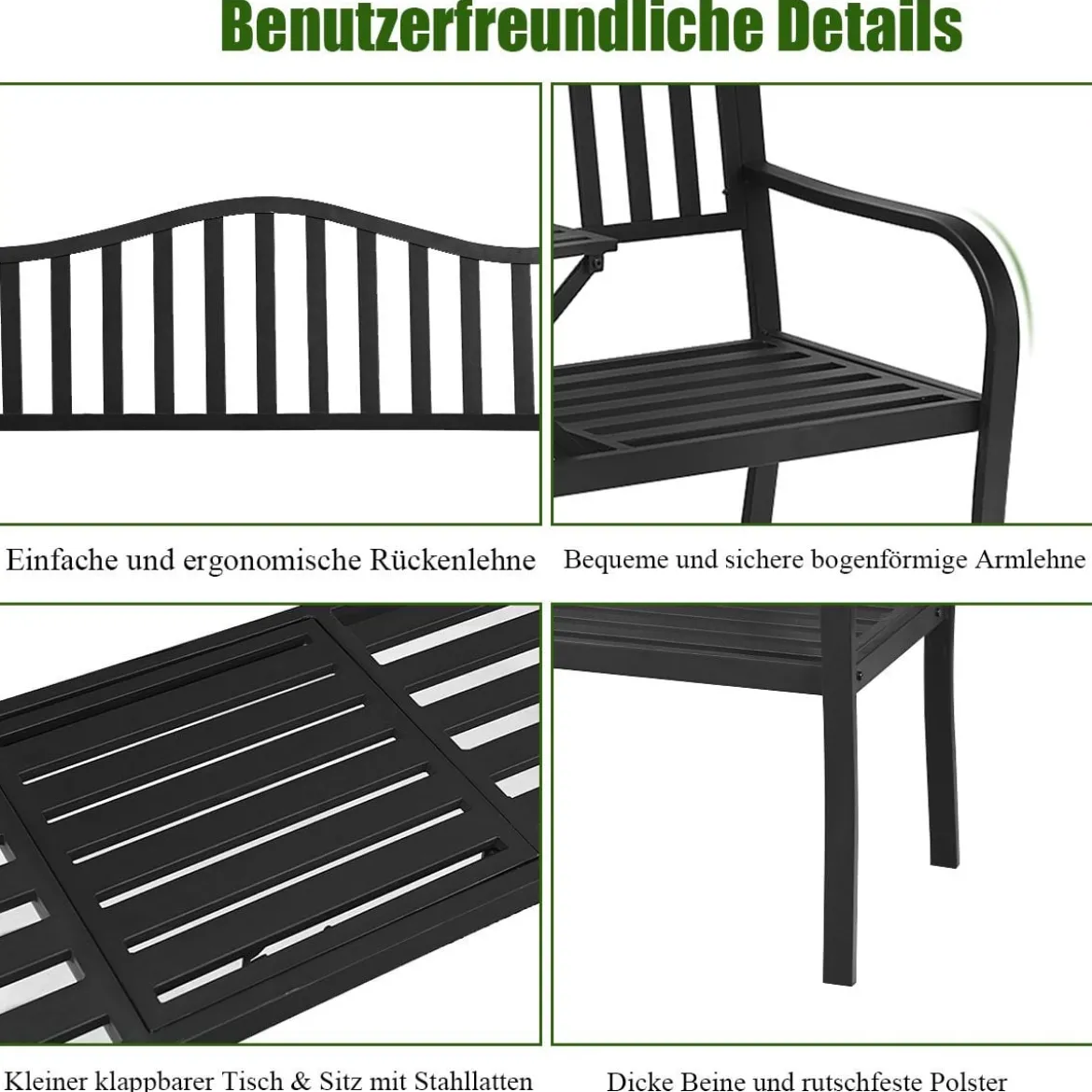 Gartenbank mit ausziehbarem Mitteltisch Eisenbank Sitzbank mit Armlehnen 150 x 59 x 91 cm Schwarz