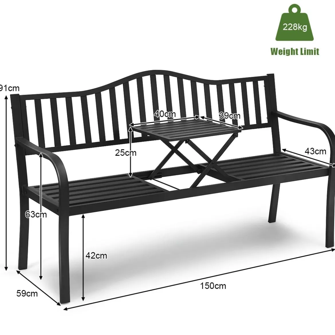 Gartenbank mit ausziehbarem Mitteltisch Eisenbank Sitzbank mit Armlehnen 150 x 59 x 91 cm Schwarz