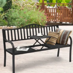 Gartenbank mit ausziehbarem Mitteltisch Eisenbank Sitzbank mit Armlehnen 150 x 59 x 91 cm Schwarz