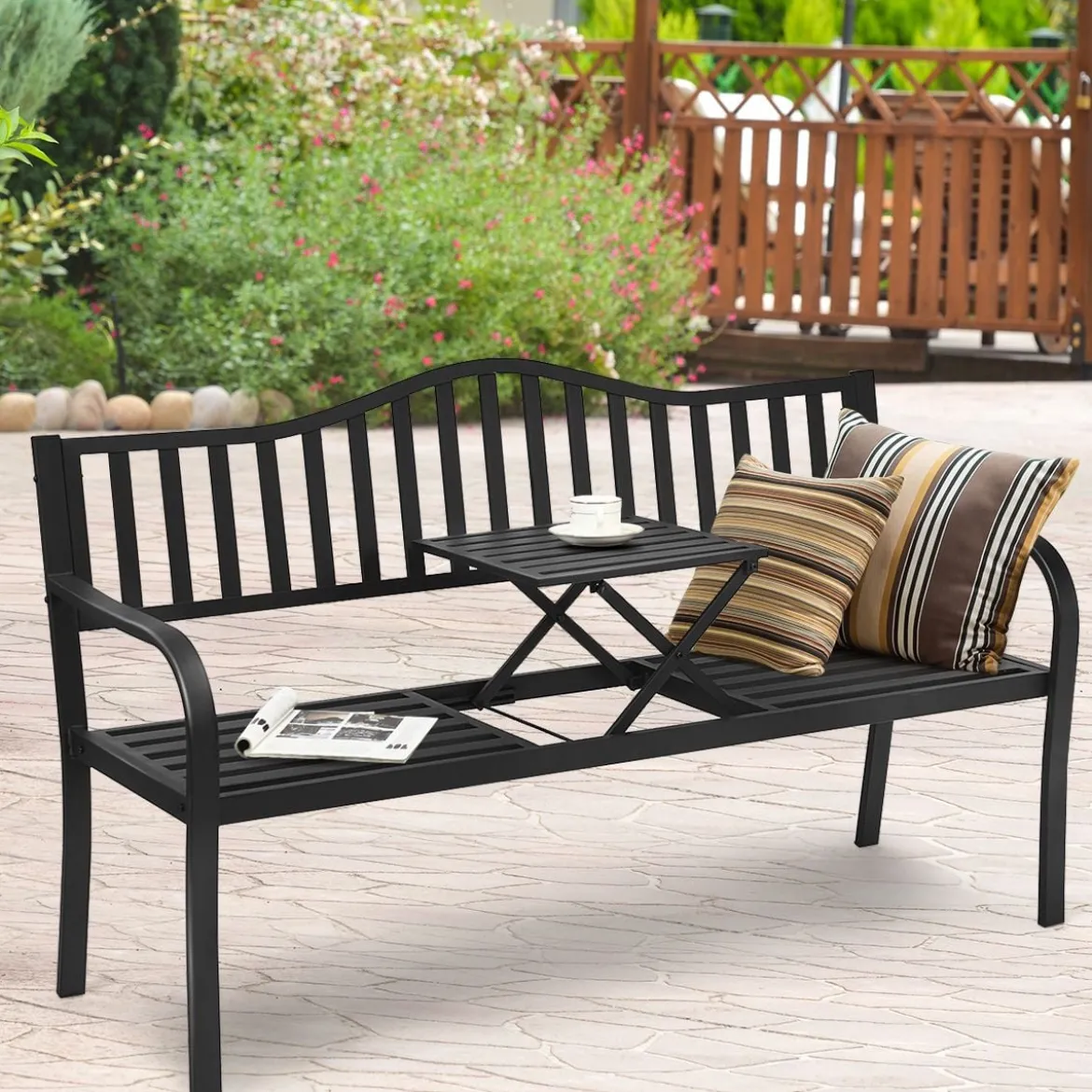 Gartenbank mit ausziehbarem Mitteltisch Eisenbank Sitzbank mit Armlehnen 150 x 59 x 91 cm Schwarz