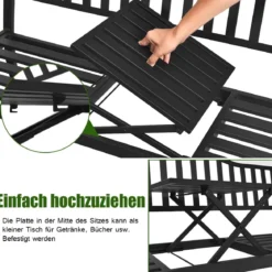 Gartenbank mit ausziehbarem Mitteltisch Eisenbank Sitzbank mit Armlehnen 150 x 59 x 91 cm Schwarz