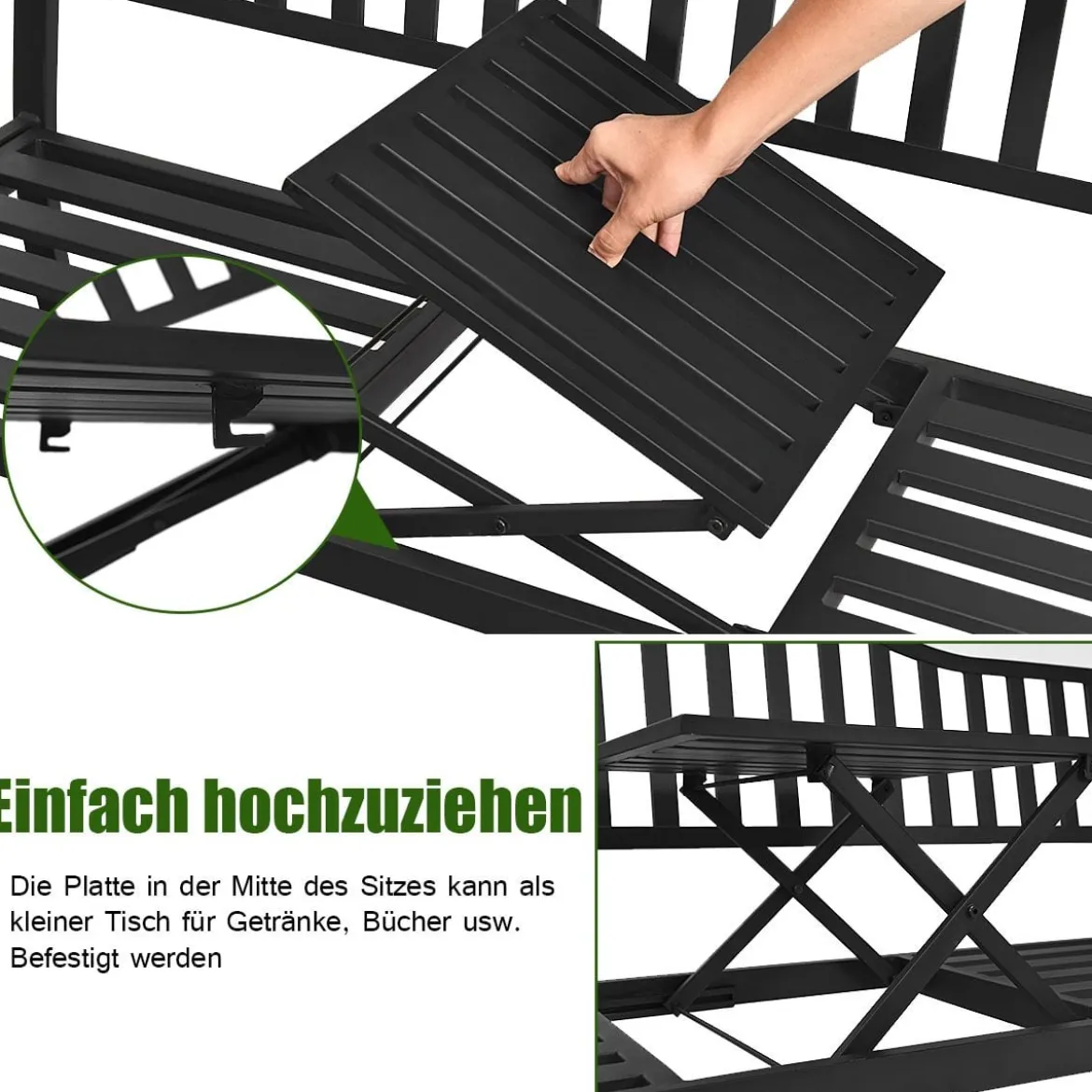 Gartenbank mit ausziehbarem Mitteltisch Eisenbank Sitzbank mit Armlehnen 150 x 59 x 91 cm Schwarz