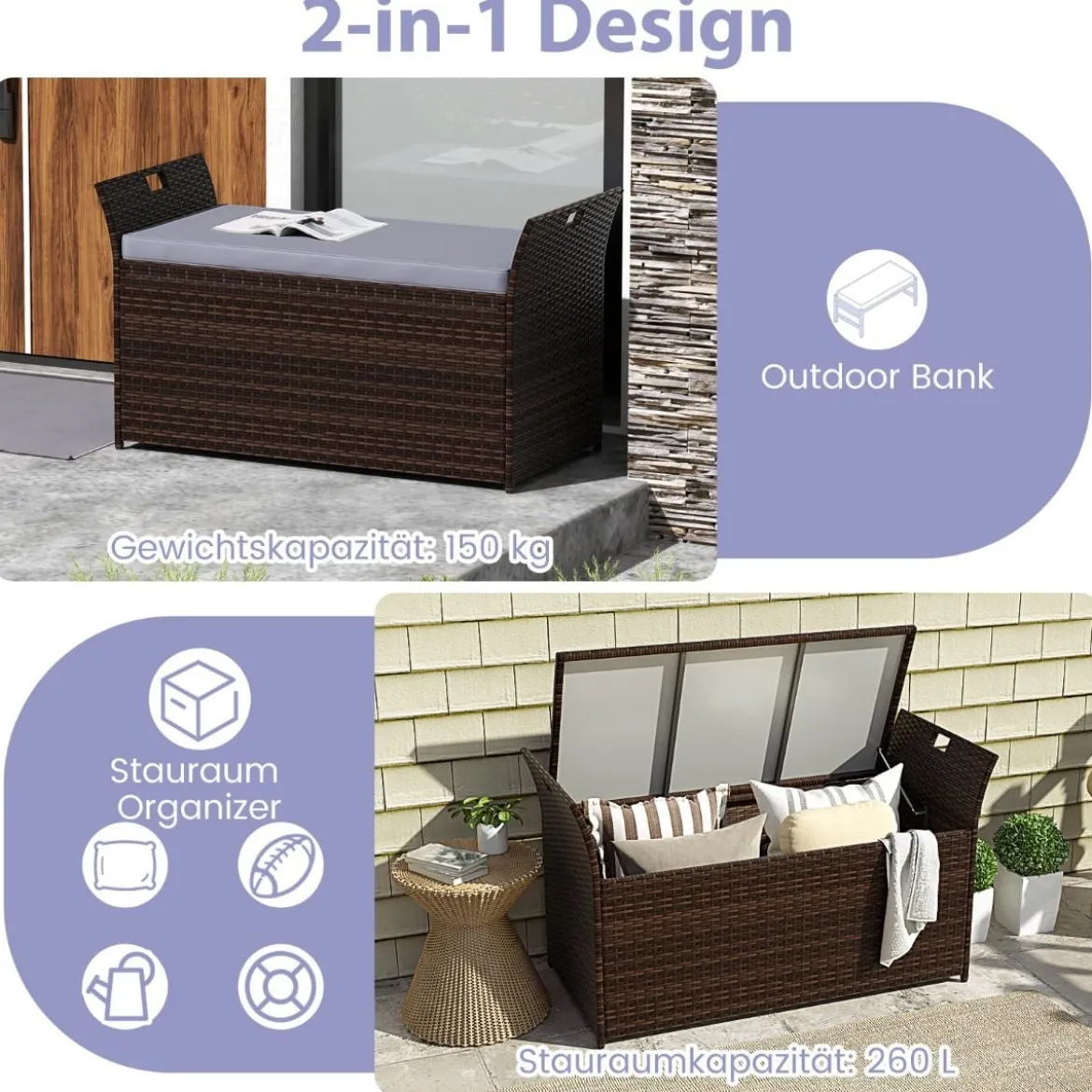 Gartenbank mit Stauraum Polyrattan Sitzbank mit Kissen & Seitengriffen Auflagenbox Kissenbox