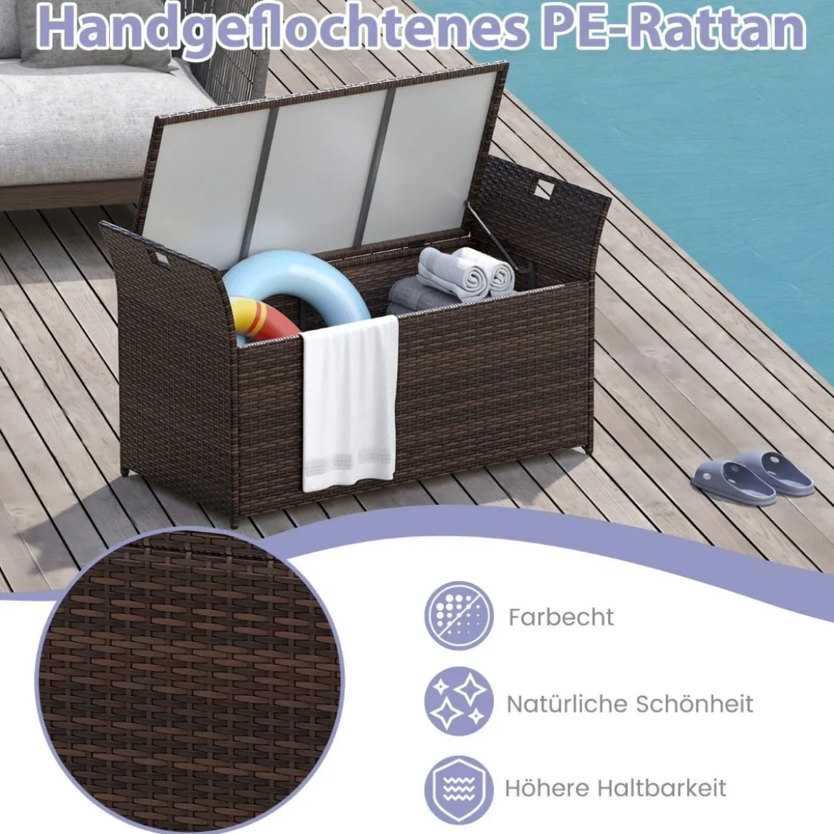 Gartenbank mit Stauraum Polyrattan Sitzbank mit Kissen & Seitengriffen Auflagenbox Kissenbox