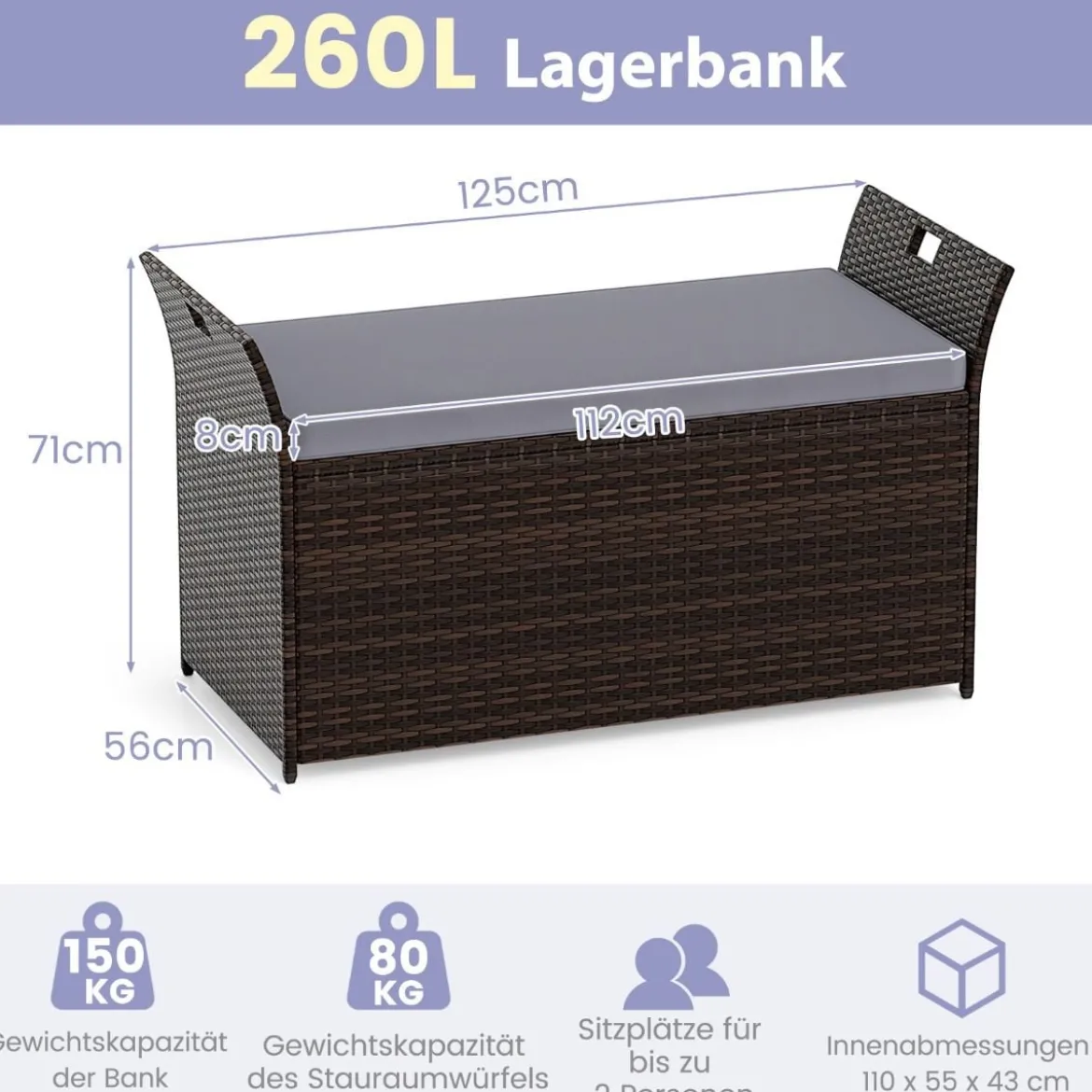 Gartenbank mit Stauraum Polyrattan Sitzbank mit Kissen & Seitengriffen Auflagenbox Kissenbox