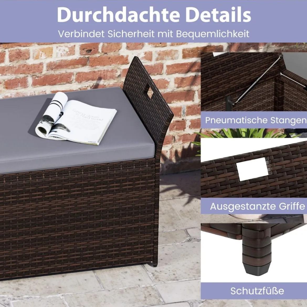 Gartenbank mit Stauraum Polyrattan Sitzbank mit Kissen & Seitengriffen Auflagenbox Kissenbox