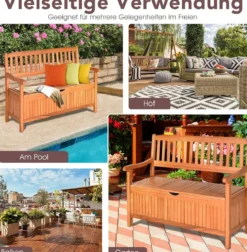 Gartenbank mit Stauraum Sitzbank aus Akazienholz für 2 Personen Truhenbank mit Rücklehne & Armlehne