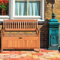 Gartenbank mit Stauraum Sitzbank aus Akazienholz für 2 Personen Truhenbank mit Rücklehne & Armlehne