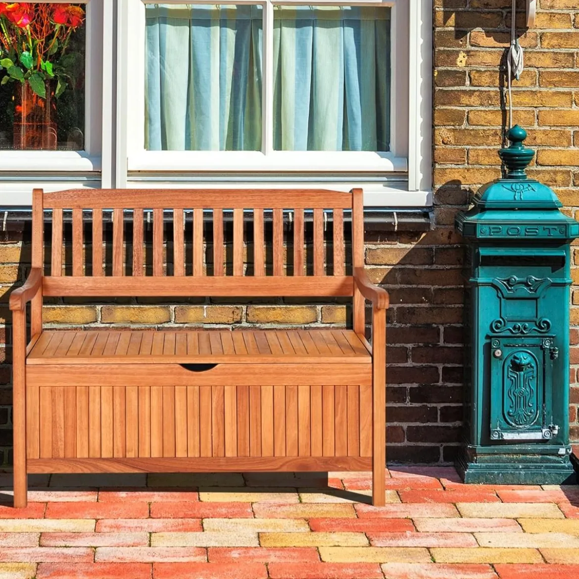 Gartenbank mit Stauraum Sitzbank aus Akazienholz für 2 Personen Truhenbank mit Rücklehne & Armlehne