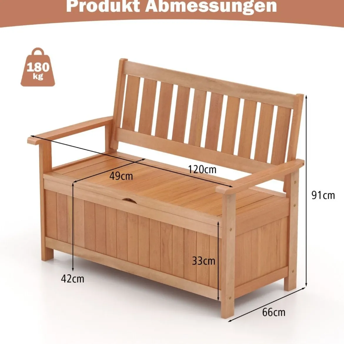 Gartenbank mit Stauraum 2-Sitzer Sitzbank Massivholz bis 180 kg belastbar 120 x 66 x 91 cm Natur