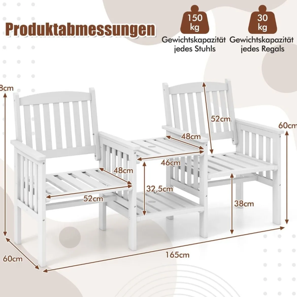 Gartenbank mit Tisch 2-Sitzer Bank mit 5 cm Schirmloch Holzbank aus Tannenholz bis 330 kg 165 x 60 x 88 cm Weiß