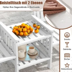 Gartenbank mit Tisch 2-Sitzer Bank mit 5 cm Schirmloch Holzbank aus Tannenholz bis 330 kg 165 x 60 x 88 cm Weiß