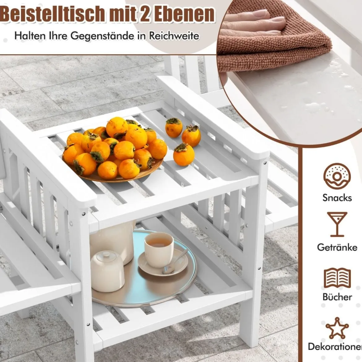 Gartenbank mit Tisch 2-Sitzer Bank mit 5 cm Schirmloch Holzbank aus Tannenholz bis 330 kg 165 x 60 x 88 cm Weiß