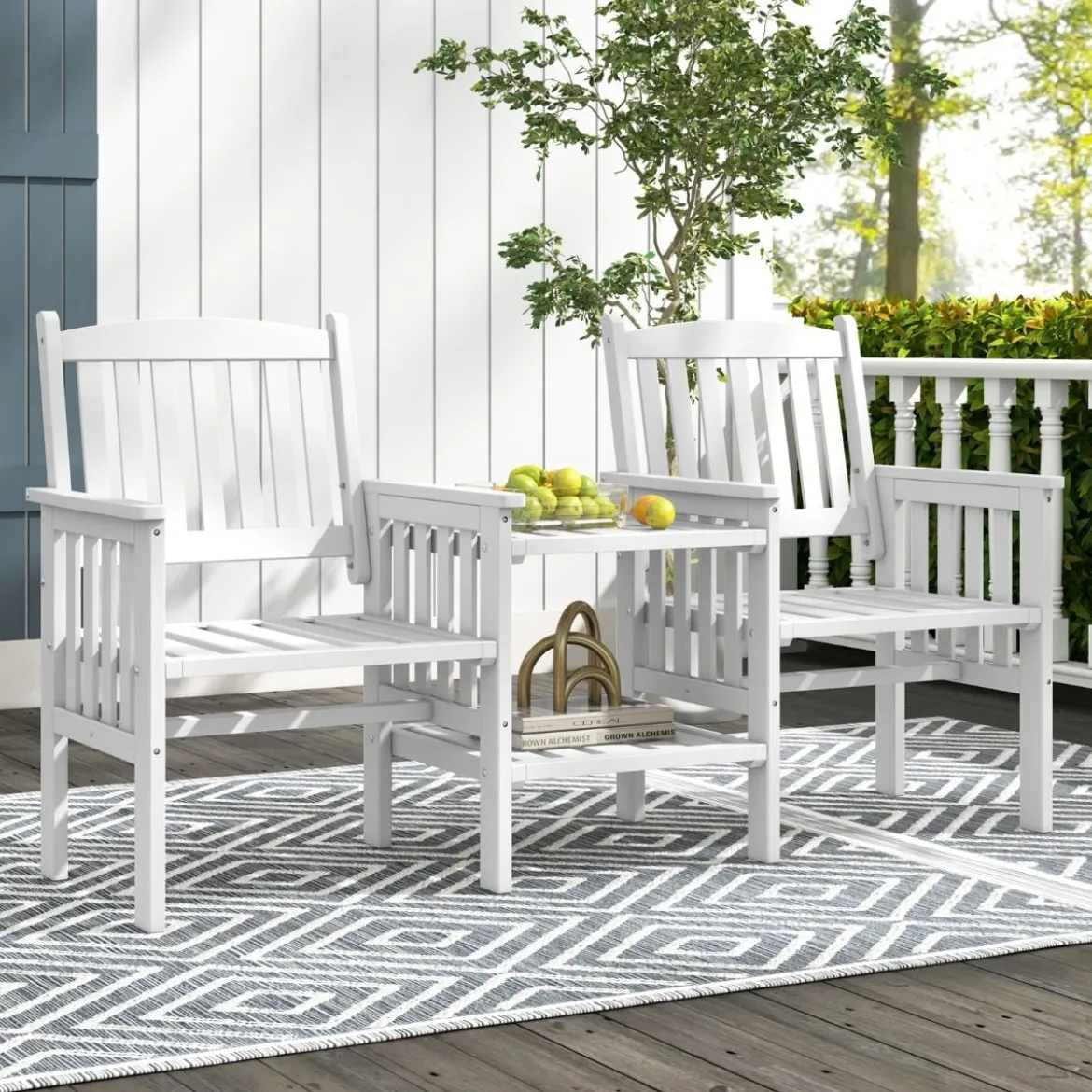 Gartenbank mit Tisch 2-Sitzer Bank mit 5 cm Schirmloch Holzbank aus Tannenholz bis 330 kg 165 x 60 x 88 cm Weiß