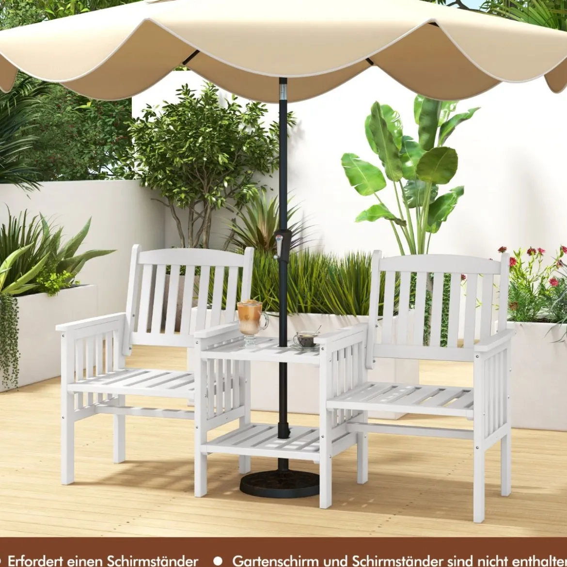 Gartenbank mit Tisch 2-Sitzer Bank mit 5 cm Schirmloch Holzbank aus Tannenholz bis 330 kg 165 x 60 x 88 cm Weiß