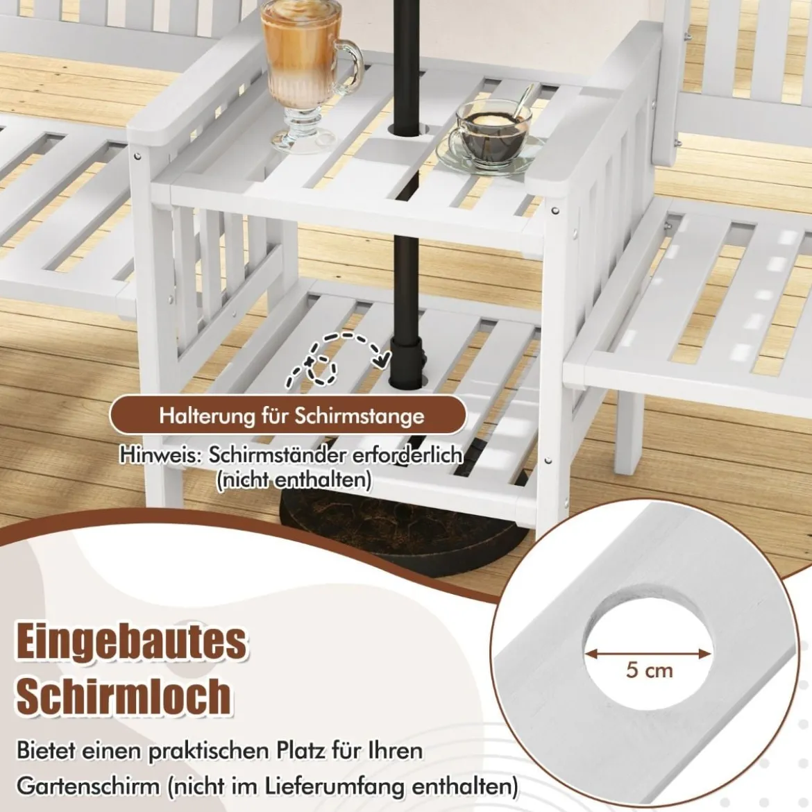 Gartenbank mit Tisch 2-Sitzer Bank mit 5 cm Schirmloch Holzbank aus Tannenholz bis 330 kg 165 x 60 x 88 cm Weiß