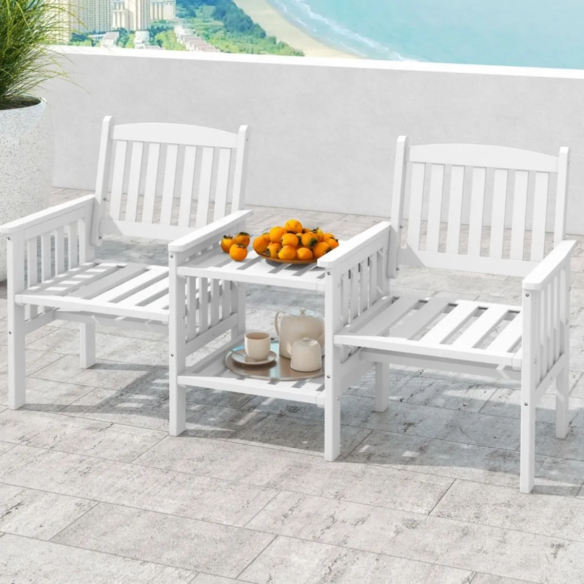 Gartenbank mit Tisch 2-Sitzer Bank mit 5 cm Schirmloch Holzbank aus Tannenholz bis 330 kg 165 x 60 x 88 cm Weiß