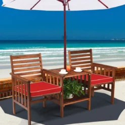 Gartenbank mit Tisch 2-Sitzer Holzbank mit Sitzkissen & Schirmloch Rot/Beige