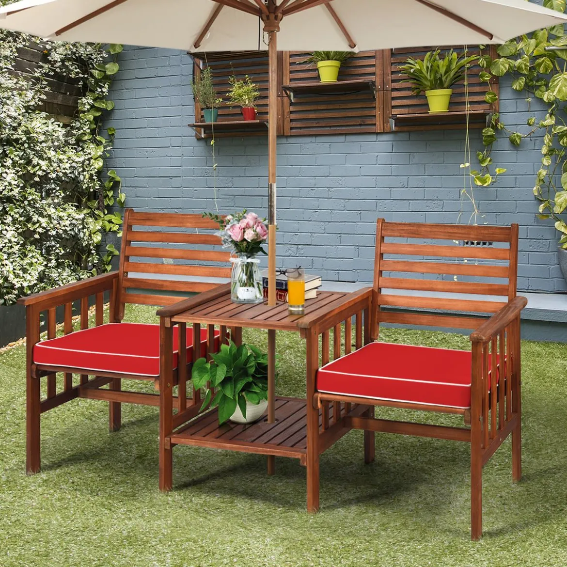 Gartenbank mit Tisch 2-Sitzer Holzbank mit Sitzkissen & Schirmloch Rot/Beige