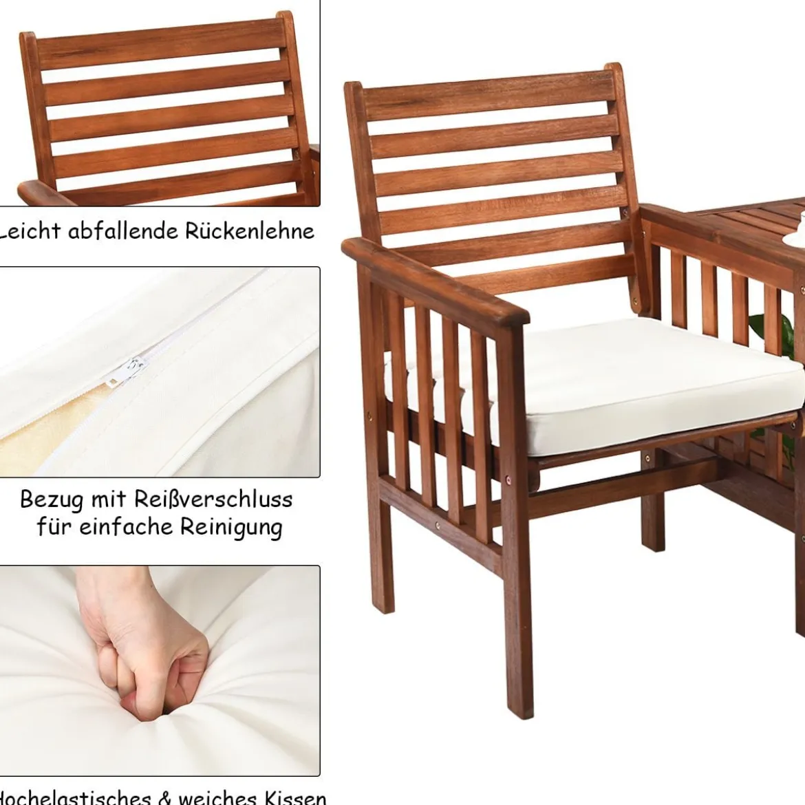 Gartenbank mit Tisch 2-Sitzer Holzbank mit Sitzkissen & Schirmloch Rot/Beige