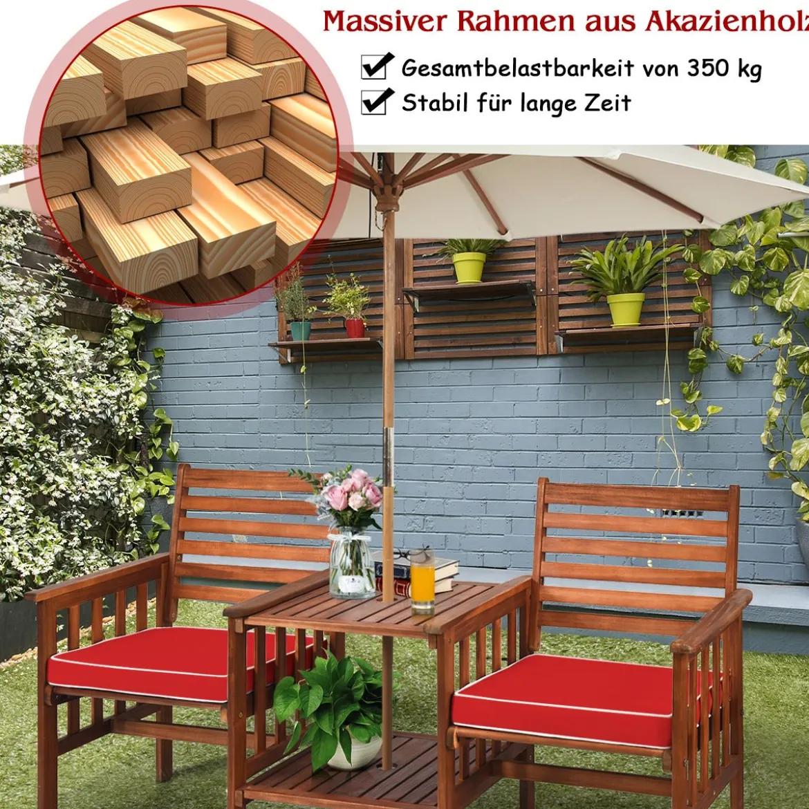 Gartenbank mit Tisch 2-Sitzer Holzbank mit Sitzkissen & Schirmloch Rot/Beige