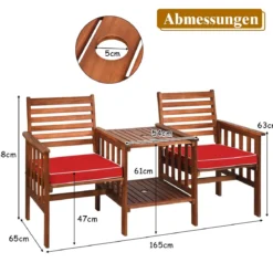 Gartenbank mit Tisch 2-Sitzer Holzbank mit Sitzkissen & Schirmloch Rot/Beige