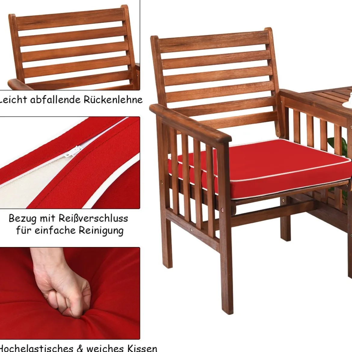 Gartenbank mit Tisch 2-Sitzer Holzbank mit Sitzkissen & Schirmloch Rot/Beige