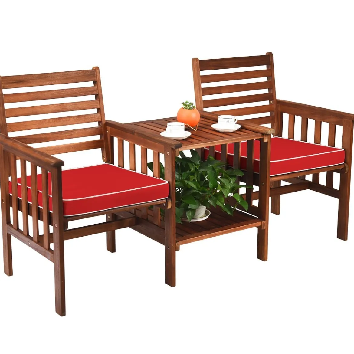 Gartenbank mit Tisch 2-Sitzer Holzbank mit Sitzkissen & Schirmloch Rot/Beige